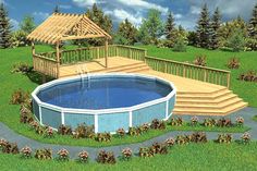 an above ground swimming pool with steps and gazebo next to it in the grass