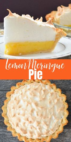 lemon meringue pie on a white plate with text overlay that reads lemon meringue pie