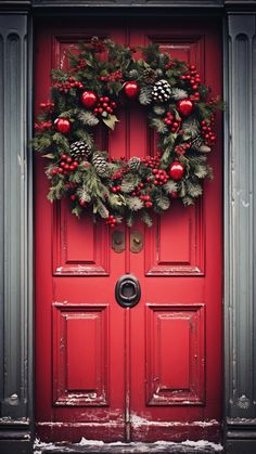 a red door with a wreath on it