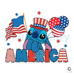 an image of a cartoon character with american flags and balloons in the background that says america