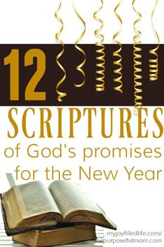 an open book with gold spirals hanging from it and the title 12 new year's bible