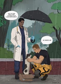 a man in a lab coat is holding an umbrella over another man who is kneeling down