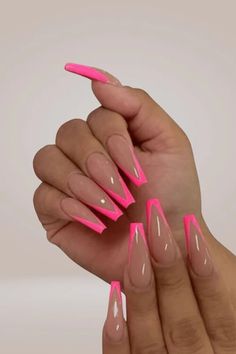 Hot Pink Long Coffin French Tip Press On Nails - TGC Boutique - Press On Nails Pink French, Pink Acrylic, Pink Nail, Pink Acrylic Nails, Acrylic Nails, Hot Pink, Nail Polish, Neon, Nails