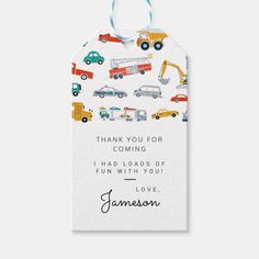 a thank card with trucks and cars on it, says thank you for coming back to the