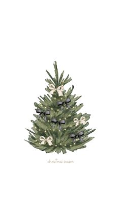 a watercolor painting of a christmas tree with white and black ornaments on it's branches