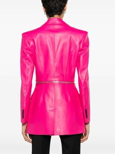 Designer Tailored Pink Blazer, Designer Single Breasted Pink Blazer, Luxury Pink Blazer With Lapel Collar, Designer Pink Winter Blazer, Designer Pink Blazer For Work, Designer Pink Blazer For Workwear, Luxury Pink Blazer With Double Button Closure, Designer Pink Blazer For Office, Designer Pink Single-breasted Outerwear