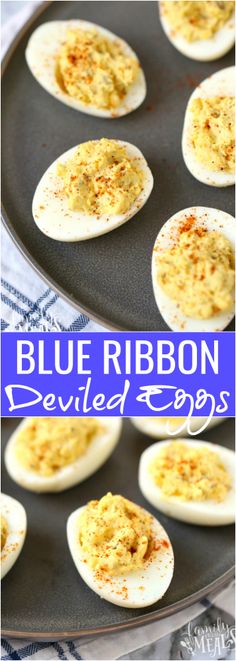 blue ribbon deviled eggs on a tray