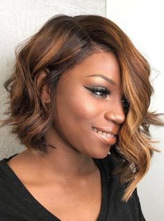 Short Asymmetrical Wavy Bob Caramel Highlights Lace Front Wigs - hairbyjkidd004 Bob Pendek, Short Weave Hairstyles, Natural Waves Hair, Indian Remy Human Hair, Frontal Hair, Real Hair Wigs, Wavy Bob Hairstyles, Blonde Wigs, Wavy Bob