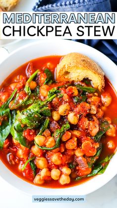 a white bowl filled with chickpea stew next to bread