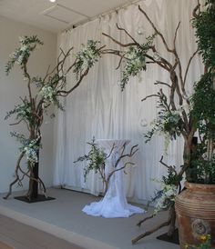 an arrangement of branches and flowers on display in front of a white curtained backdrop