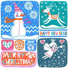 christmas cards with snowmen, reindeers and santa hats in blue, pink, green, orange and white