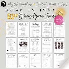 the birthday party seating plan is shown in black and white, with gold foil lettering