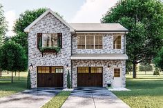 a two story brick house with brown garage doors