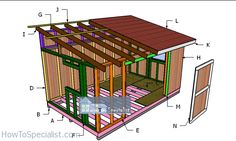 the plans for a small shed that is built in two sections, with one door open and