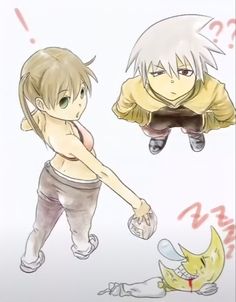 two anime characters with different expressions on their faces, one is holding the other's hand