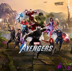 an image of the avengerss movie poster with many different characters in front of them