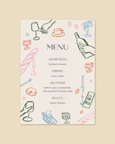 the menu for an italian restaurant with hand drawn food and drinks on it, including wine glasses