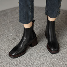 Step into luxury with our timelessly elegant Versatile Square Toe Leather Chelsea Boots. Crafted from the finest leather for lasting style, these classic silhouette boots feature a versatile square toe and a comfortable pull tab. No matter the occasion, you'll always stand out in chic, effortless style. Leather Boots For Women, Driving Shoes Men, Ankle Boots Women, Botas Chelsea, Fitness Products, Hats Accessories, Black Chelsea Boots, Platform Ankle Boots, Leather Chelsea Boots