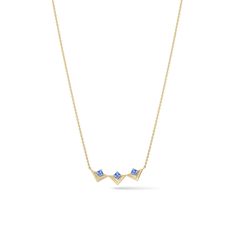 This mini geometric necklace is the perfect everyday piece. Easy to wear on its own or with layers. Featuring sparkling princess-cut blue sapphires and polished 14k gold this piece will add a beautiful glimmer to your neckline. Princess-cut blue sapphires 14K gold Lobster clasp 16-17" length Modern Blue Diamond Necklace, Modern Blue Diamond Cut Jewelry, Frame Necklace, Mini Frame, Mini Blue, Mini Frames, Geometric Necklace, Necklace Blue, Free Gift Wrapping