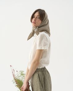 "Large triangular linen scarf. Perfect as a head cover up or elegant neck scarf, but the options are endless (see our suggestions in the photos). Offered in medium-weight and exclusive linen. DETAILS * Measurements: 70x70x99 cm (27.5x27.5x39\") * Model is wearing scarves in Natural, Fairy Pink and Smoke Green (medium-weight) linen. CUSTOMIZATION * Customization is possible, but such items are non-changeable & non-refundable * There is extra charge depending on the particular customization * If y Plastelin Ideas, Linen Headbands, Summer Hair Scarf, Wearing Scarves, Edwardian Blouse, Ladies Head Scarf, Victorian Blouse, Linen Scarf, Linen Scarves