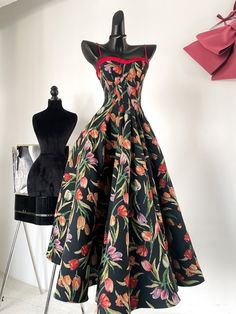 [$73.50]Colorful Tulip Brocade Pattern Black Adjustable Thin Shoulder Straps Dress Alt Prom Dress, Alt Prom, Shoulder Strap Dress, Black Ruffle Skirt, Brocade Pattern, Puffy Dresses, Straps Dress, Red Jumper, Puff Dress