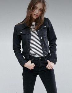 Black Jean Jacket Outfits, Denim Jacket Outfit Ideas, Black Jacket Outfit, Jeans Gris, Jacket Outfit Ideas