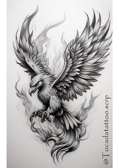 a black and white drawing of a bird with flames on it's back side