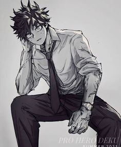 a drawing of a man in a suit and tie with his hands on his knees