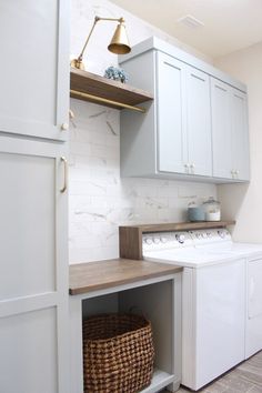 DIY cabinets, DIY tile wall and shelves to complete my laundry room renovation. A complete overhaul where I did everything myself! Narrow Mudroom Laundry Room Ideas, Laundry Combo, Service Room, Landry Room, Laundry Mudroom, Mudroom Laundry, Modern Laundry, Room Storage Diy