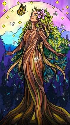 a woman with long hair standing in front of a tree and butterfly flying above her