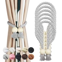 several different types of rope hanging on the side of a curtain with buttons and tassels