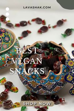 the best vegan snacks for vegetarians are in this photo with text overlay that reads, best vegan snacks shop now