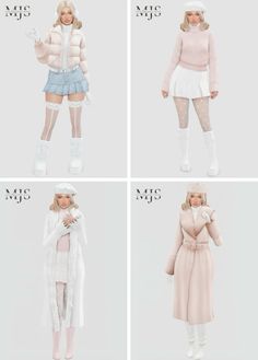 four different images of the same woman in winter clothes and boots, all wearing white