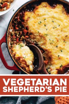 vegetarian shepherd's pie in a red casserole dish