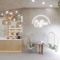 the interior of a coffee shop with hanging lights and wicker chairs