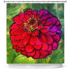 a red and purple flower with green leaves on the side shower curtain featuring an image of a