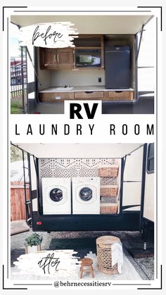 an rv with the words rv laundry room before and after it is painted black, white and brown