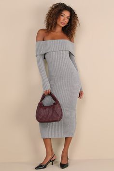 The Lulus Dazzling Comfort Grey Rhinestone Off-the-Shoulder Sweater Dress and a posh pair of boots will make the ultimate fall 'fit! Stretchy ribbed sweater knit (with a super subtle heathered effect) shapes this too-cute dress that features long sleeves and an off-the-shoulder neckline with a classic fold-over trim (and hidden no-slip strips). The flattering bodycon silhouette boasts sparkling rhinestone details throughout, before ending at a chic midi hem. Fit: This garment fits true to size. Comfort Grey, Comfort Gray, Fall Fit, Grey Sweater Dress, Strapless Bra, Sweater Knit, Ribbed Sweater, Shoulder Sweater, Large Size Dresses