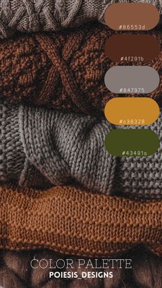 the color palette for this knitted sweater is brown, grey, and white with different colors