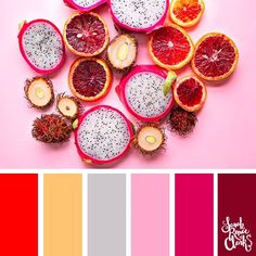 a bunch of fruit sitting on top of a pink surface with color swatches in the middle