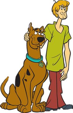 a cartoon boy is petting his dog on the nose and looking at something in front of him