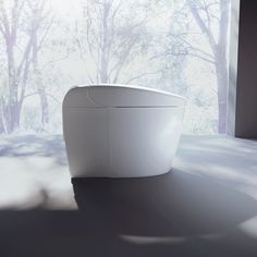 a white toilet sitting on top of a floor next to a window with trees in the background