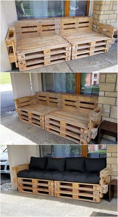 some wooden pallets are stacked on top of each other to create a couch that looks like it is made out of wood