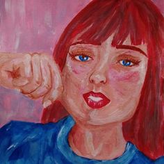 a painting of a woman with red hair and blue shirt pointing her finger at the camera