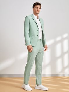 verde menta Casual Collar manga larga  Liso  Embellished No-Elástico Light Green Blazer Outfit Men, Mint Green Suit Men, Pastel Suits For Men, Green Blazer Outfit Men, Light Green Suit, Coat Pant For Men, Green Blazer Outfit, Tuxedo Suit For Men