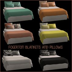 four different types of bedding and pillows in various colors, shapes and sizes with text overlay