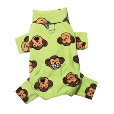 a green dog shirt with monkey faces on it's chest and mouth, all in the same pattern