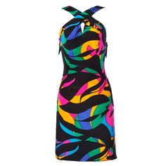 Gorgeous colorful printed silk sheath dress by Michael Novarese. Halter neckline with keyhole detail. Fully lined in silk with hand sewn couture stitching. Bows at the back of the straps. Details: Fully lined Back Zip Closure Colors: Multicolor Print on Black Estimated Size: Small-Medium Label: Michael Novarese Measurements: Bust: 34-36" Waist: 28" Hips: 36" Total Length: 34" Back Slit: 6" Black 80s Fashion, Halter Dress Vintage, Vintage Black Cocktail Dress, Vintage Halter Top, Vintage Halter Dress, Informal Dress, Silk Halter Top, Silk Sheath Dress, Silk Halter Dress