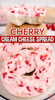 two pictures with the words cherry cream cheese spread on them and an image of a bagel