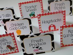 several place cards with farm animals on them for children's food and drink labels